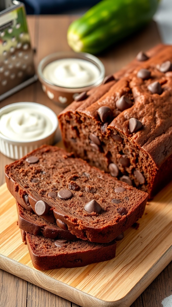 Chocolate Zucchini Yogurt Bread Recipe Sliced chocolate zucchini bread on a wooden board, showcasing its moist texture and chocolate chips.